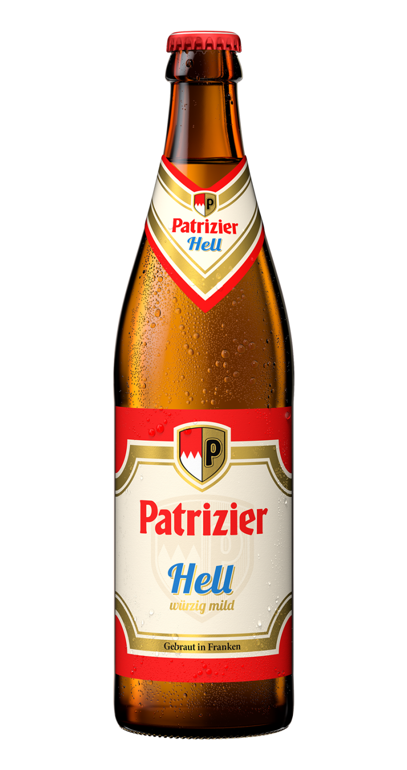 Bierflasche mit großem Patrizier Schriftzug. Darunter der Sortenname Hell.