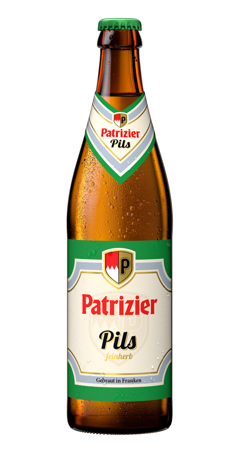 Bierflasche mit großem Patrizier Schriftzug. Darunter der Sortenname Pils.