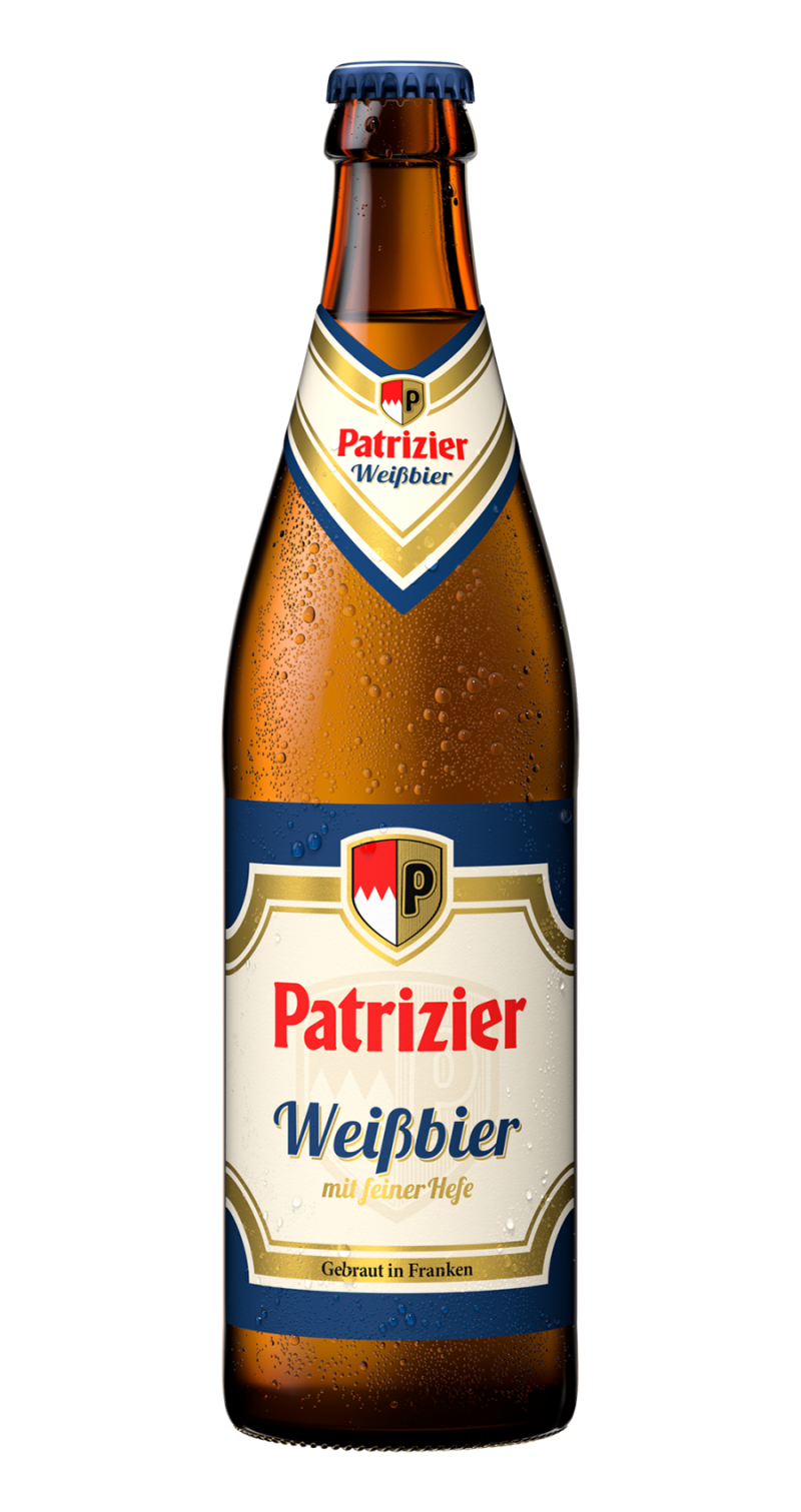 Bierflasche mit großem Patrizier Schriftzug. Darunter der Sortenname Weißbier.